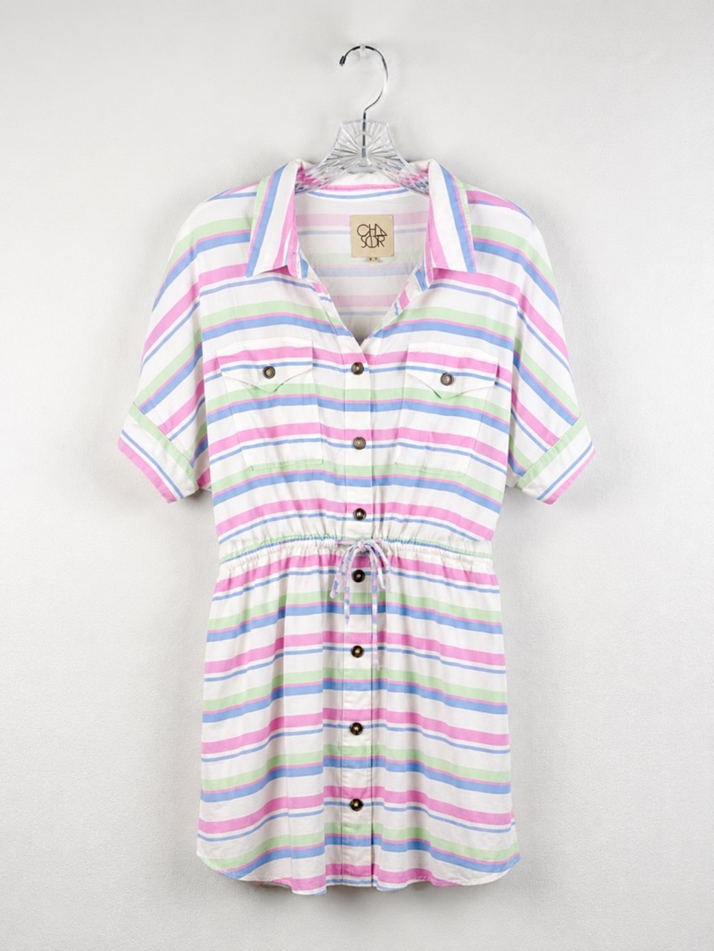 Chaser Pastel Stripe Shirt Dress Rayon Drawstring Waist‎ Medium